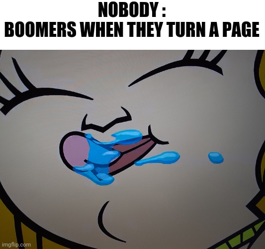 Sugar Silo | NOBODY :
BOOMERS WHEN THEY TURN A PAGE | image tagged in total drama,memes,boomer | made w/ Imgflip meme maker