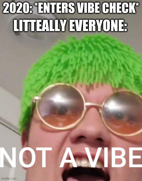 Free template | 2020: *ENTERS VIBE CHECK*; LITTEALLY EVERYONE: | image tagged in you are not a vibe,2020 sucks,not a vibe,new template | made w/ Imgflip meme maker