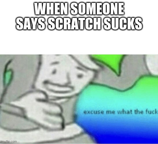 Excuse me wtf blank template | WHEN SOMEONE SAYS SCRATCH SUCKS | image tagged in excuse me wtf blank template | made w/ Imgflip meme maker