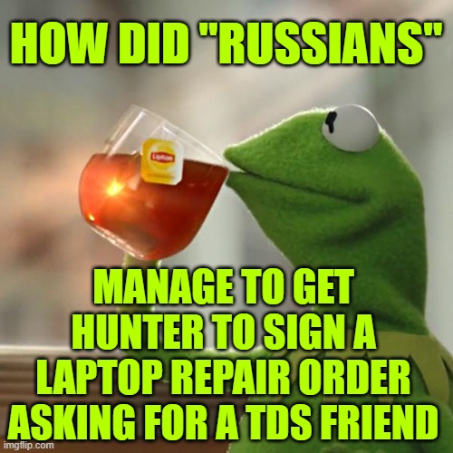 But That's None Of My Business Meme | HOW DID "RUSSIANS" MANAGE TO GET HUNTER TO SIGN A LAPTOP REPAIR ORDER
ASKING FOR A TDS FRIEND | image tagged in memes,but that's none of my business,kermit the frog | made w/ Imgflip meme maker