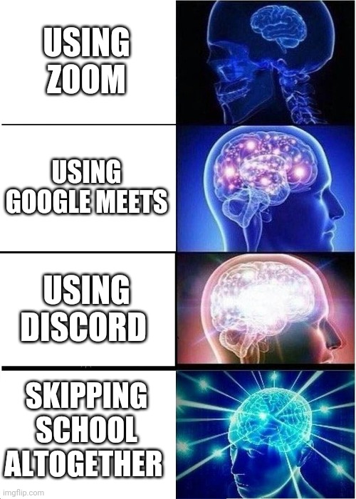 shool | USING ZOOM; USING GOOGLE MEETS; USING DISCORD; SKIPPING SCHOOL ALTOGETHER | image tagged in memes,expanding brain | made w/ Imgflip meme maker