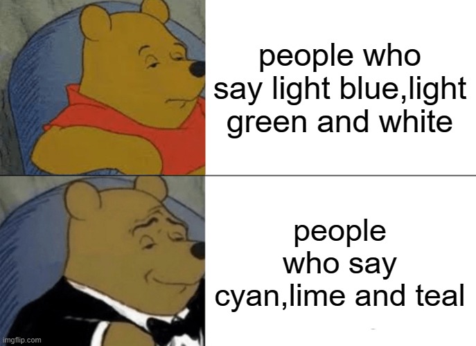 Tuxedo Winnie The Pooh | people who say light blue,light green and white; people who say cyan,lime and teal | image tagged in memes,tuxedo winnie the pooh | made w/ Imgflip meme maker