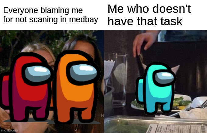 *Sad crewmate noise* | Everyone blaming me for not scanning in medbay; Me who doesn't have that task | image tagged in memes,woman yelling at cat,among us | made w/ Imgflip meme maker