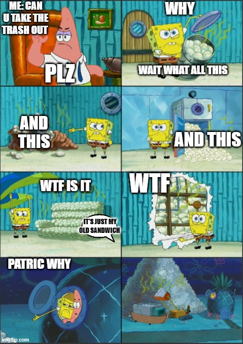 sponge bob | ME: CAN U TAKE THE TRASH OUT; WHY; WAIT WHAT ALL THIS; PLZ; AND THIS; AND THIS; WTF; WTF IS IT; IT'S JUST MY OLD SANDWICH; PATRIC WHY | image tagged in spongebob diapers with captions | made w/ Imgflip meme maker