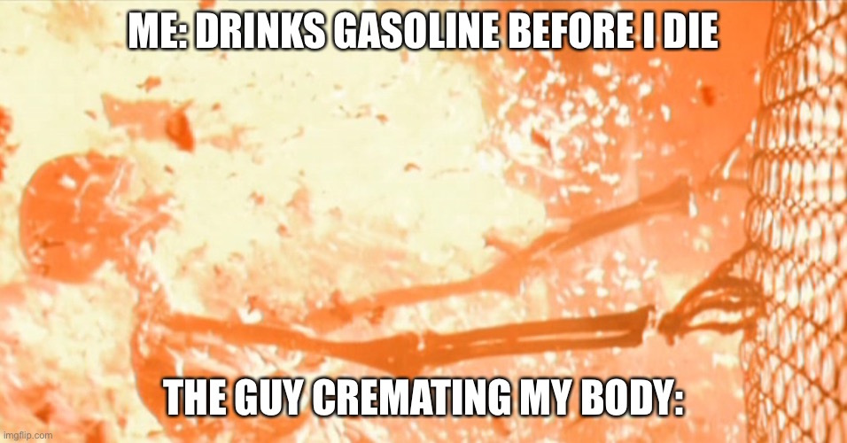 burning skelton fence | ME: DRINKS GASOLINE BEFORE I DIE; THE GUY CREMATING MY BODY: | image tagged in burning skelton fence | made w/ Imgflip meme maker