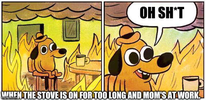 This is VERY bad. | OH SH*T; WHEN THE STOVE IS ON FOR TOO LONG AND MOM'S AT WORK. | image tagged in this is fine blank | made w/ Imgflip meme maker