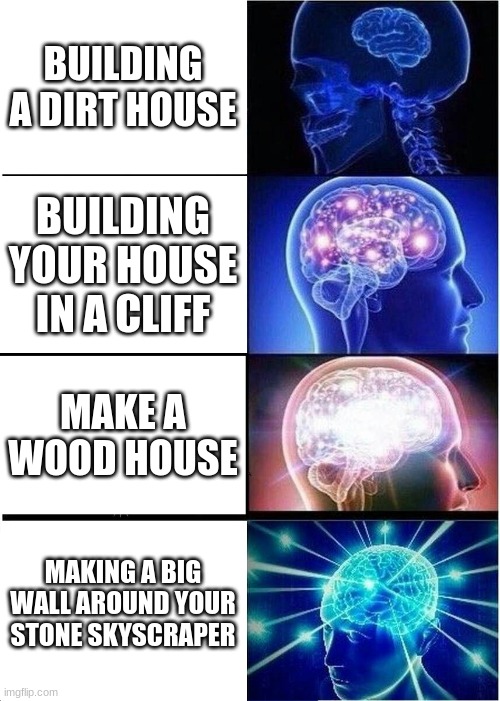 Shacks to build | BUILDING A DIRT HOUSE; BUILDING YOUR HOUSE IN A CLIFF; MAKE A WOOD HOUSE; MAKING A BIG WALL AROUND YOUR STONE SKYSCRAPER | image tagged in memes,expanding brain | made w/ Imgflip meme maker