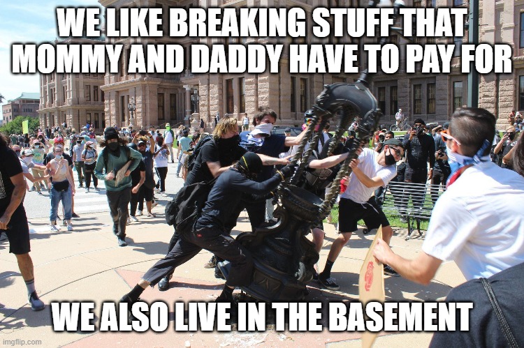 White protesters | WE LIKE BREAKING STUFF THAT MOMMY AND DADDY HAVE TO PAY FOR WE ALSO LIVE IN THE BASEMENT | image tagged in white protesters | made w/ Imgflip meme maker