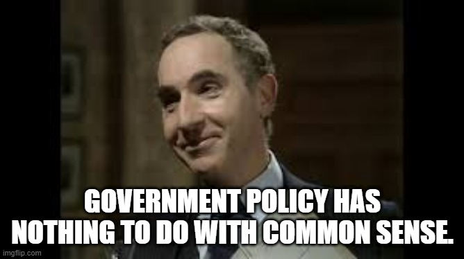 Government Policy | GOVERNMENT POLICY HAS NOTHING TO DO WITH COMMON SENSE. | image tagged in yes minister,sir humphrey,government,policy,common sense | made w/ Imgflip meme maker