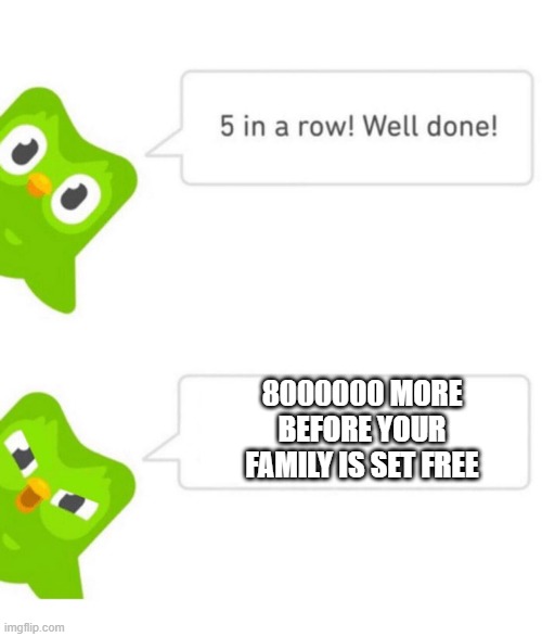Duolingo 5 in a row | 8000000 MORE BEFORE YOUR FAMILY IS SET FREE | image tagged in duolingo 5 in a row | made w/ Imgflip meme maker