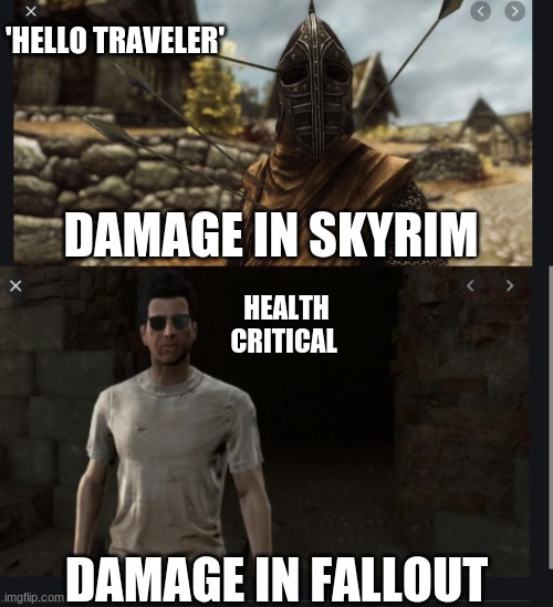 nice job bethesda | 'HELLO TRAVELER'; DAMAGE IN SKYRIM; HEALTH CRITICAL; DAMAGE IN FALLOUT | image tagged in fallout 4,skyrim | made w/ Imgflip meme maker