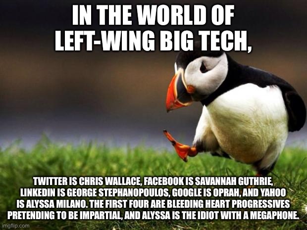 Social media in a nutshell | IN THE WORLD OF LEFT-WING BIG TECH, TWITTER IS CHRIS WALLACE, FACEBOOK IS SAVANNAH GUTHRIE, LINKEDIN IS GEORGE STEPHANOPOULOS, GOOGLE IS OPRAH, AND YAHOO IS ALYSSA MILANO. THE FIRST FOUR ARE BLEEDING HEART PROGRESSIVES PRETENDING TO BE IMPARTIAL, AND ALYSSA IS THE IDIOT WITH A MEGAPHONE. | image tagged in memes,unpopular opinion puffin,social media,internet,liberal logic,alyssa milano | made w/ Imgflip meme maker
