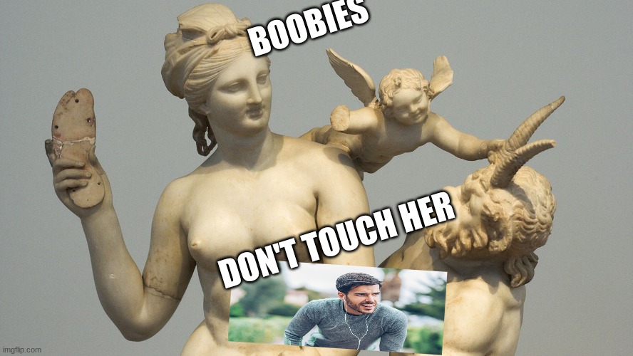 boobies | BOOBIES; DON'T TOUCH HER | image tagged in funny | made w/ Imgflip meme maker