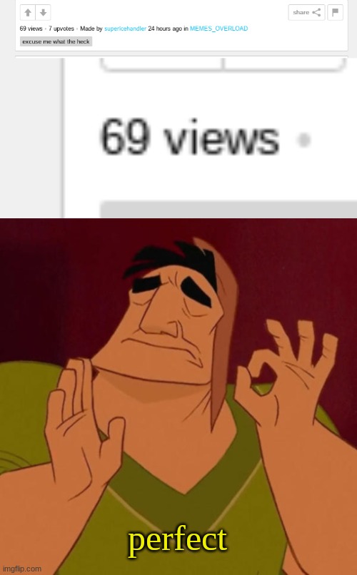 my meme got 69 views :O | perfect | image tagged in pacha perfect,69,imgflip | made w/ Imgflip meme maker