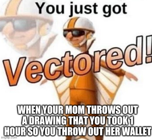 meme | WHEN YOUR MOM THROWS OUT A DRAWING THAT YOU TOOK 1 HOUR SO YOU THROW OUT HER WALLET | image tagged in you just got vectored | made w/ Imgflip meme maker