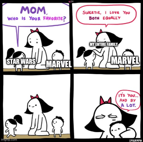 mom who is your favorite | MY ENTIRE FAMILY; MARVEL; STAR WARS; MARVEL | image tagged in mom who is your favorite | made w/ Imgflip meme maker