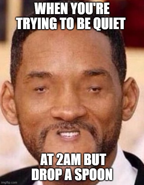 fact | WHEN YOU'RE TRYING TO BE QUIET; AT 2AM BUT DROP A SPOON | image tagged in will smith,spoon,2am | made w/ Imgflip meme maker