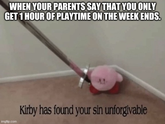 We need more play time | WHEN YOUR PARENTS SAY THAT YOU ONLY GET 1 HOUR OF PLAYTIME ON THE WEEK ENDS. | image tagged in kirby has found your sin unforgivable | made w/ Imgflip meme maker