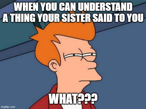 Futurama Fry | WHEN YOU CAN UNDERSTAND A THING YOUR SISTER SAID TO YOU; WHAT??? | image tagged in memes,futurama fry | made w/ Imgflip meme maker