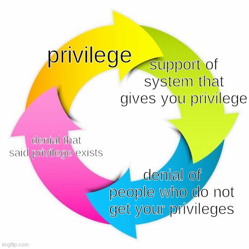 This is a cycle I created to represent trump supporters (as the cycle continues your beliefs become more extreme) | support of system that gives you privilege; privilege; denial that said privilege exists; denial of people who do not get your privileges | image tagged in cycle | made w/ Imgflip meme maker