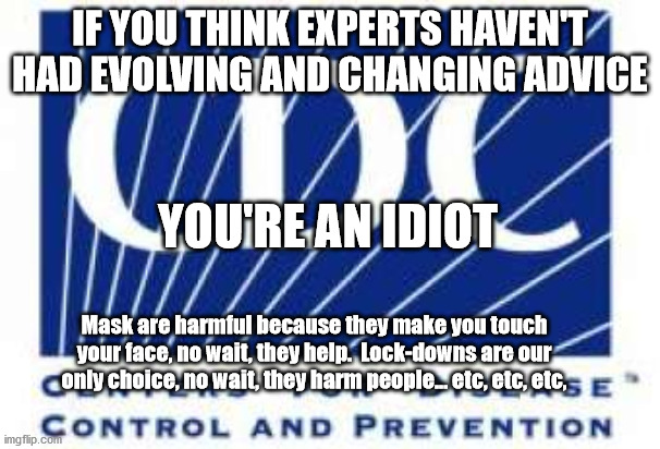 IF YOU THINK EXPERTS HAVEN'T HAD EVOLVING AND CHANGING ADVICE YOU'RE AN IDIOT Mask are harmful because they make you touch your face, no wai | made w/ Imgflip meme maker