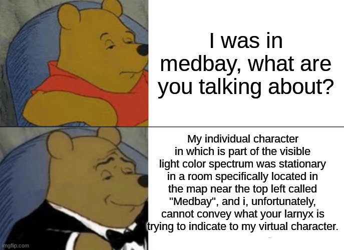Yeah i'm voting the regular Pooh. | I was in medbay, what are you talking about? My individual character in which is part of the visible light color spectrum was stationary in a room specifically located in the map near the top left called "Medbay", and i, unfortunately, cannot convey what your larnyx is trying to indicate to my virtual character. | image tagged in memes,tuxedo winnie the pooh,funny | made w/ Imgflip meme maker