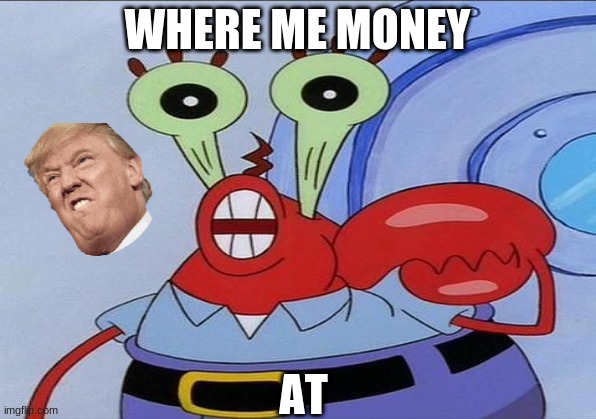 MR.KRABBS | WHERE ME MONEY; AT | image tagged in mr krabs | made w/ Imgflip meme maker