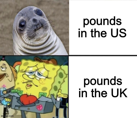pounds | pounds in the US; pounds in the UK | image tagged in poor squidward vs rich spongebob,funny memes,funny,memes | made w/ Imgflip meme maker
