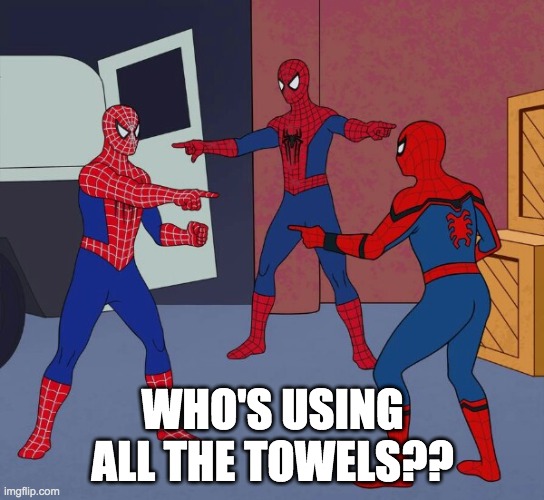 Spider Man Triple | WHO'S USING ALL THE TOWELS?? | image tagged in spider man triple | made w/ Imgflip meme maker