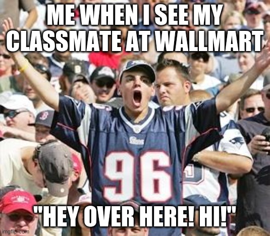 HEY | ME WHEN I SEE MY CLASSMATE AT WALLMART; "HEY OVER HERE! HI!" | image tagged in sports fans | made w/ Imgflip meme maker