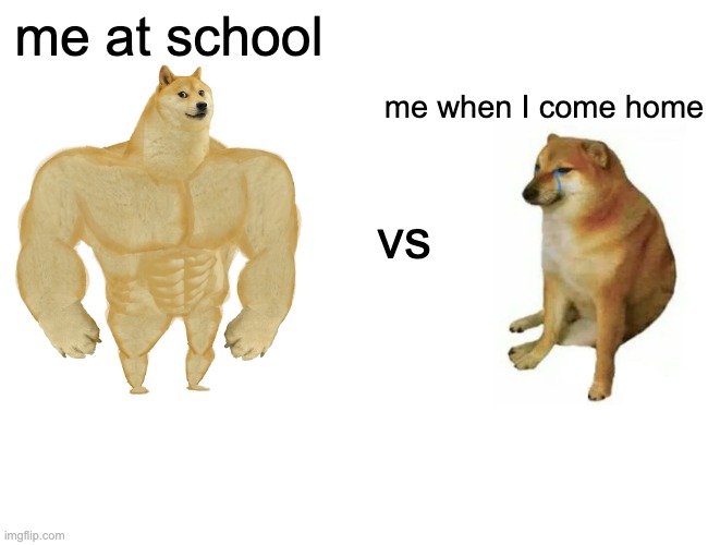 Buff Doge vs. Cheems Meme | me at school; me when I come home; vs | image tagged in memes,buff doge vs cheems | made w/ Imgflip meme maker