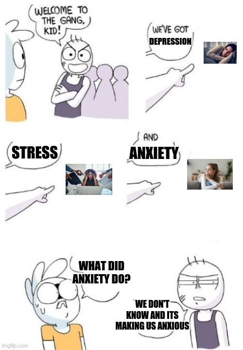 What did anxiety do? |  DEPRESSION; STRESS; ANXIETY; WHAT DID ANXIETY DO? WE DON'T KNOW AND ITS MAKING US ANXIOUS | image tagged in welcome to the gang kid,meme,funny | made w/ Imgflip meme maker