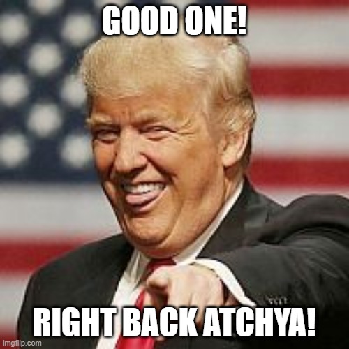 Trump Laughing | GOOD ONE! RIGHT BACK ATCHYA! | image tagged in trump laughing | made w/ Imgflip meme maker