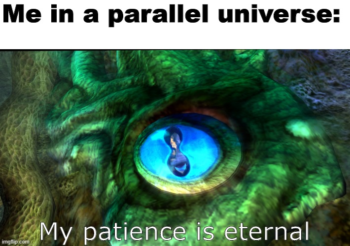 Eternal Patience | Me in a parallel universe:; My patience is eternal | image tagged in parallel universe | made w/ Imgflip meme maker