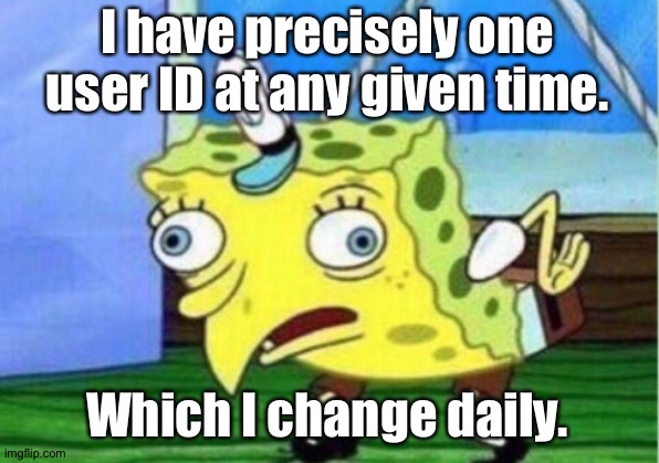 Mocking Spongebob Meme | I have precisely one user ID at any given time. Which I change daily. | image tagged in memes,mocking spongebob | made w/ Imgflip meme maker