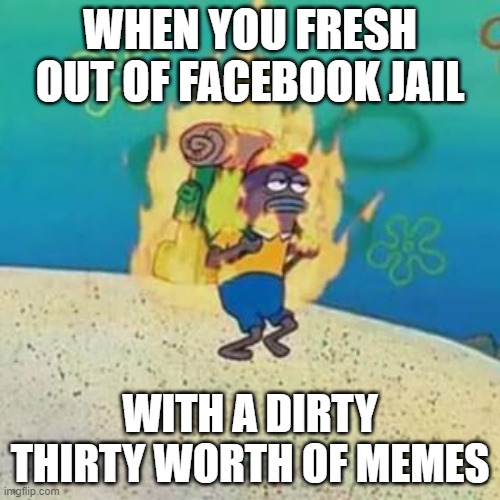 FB jail |  WHEN YOU FRESH OUT OF FACEBOOK JAIL; WITH A DIRTY THIRTY WORTH OF MEMES | image tagged in spongebob on fire | made w/ Imgflip meme maker