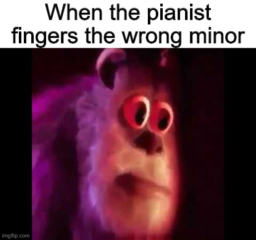 Wrong minor | When the pianist fingers the wrong minor | image tagged in sully groan,memes,funny,piano,minor | made w/ Imgflip meme maker