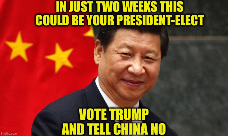 Vote Trump because your life and freedom truly does depend on it | IN JUST TWO WEEKS THIS COULD BE YOUR PRESIDENT-ELECT; VOTE TRUMP AND TELL CHINA NO | image tagged in president trump,joe biden,china,memes,election 2020,xi jinping | made w/ Imgflip meme maker