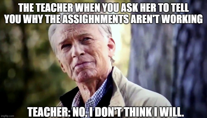 No I don't think I will | THE TEACHER WHEN YOU ASK HER TO TELL YOU WHY THE ASSIGHNMENTS AREN'T WORKING; TEACHER: NO, I DON'T THINK I WILL. | image tagged in no i don't think i will | made w/ Imgflip meme maker