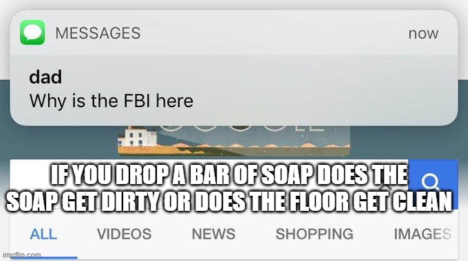 IF YOU DROP A BAR OF SOAP DOES THE SOAP GET DIRTY OR DOES THE FLOOR GET CLEAN | image tagged in why is the fbi here | made w/ Imgflip meme maker