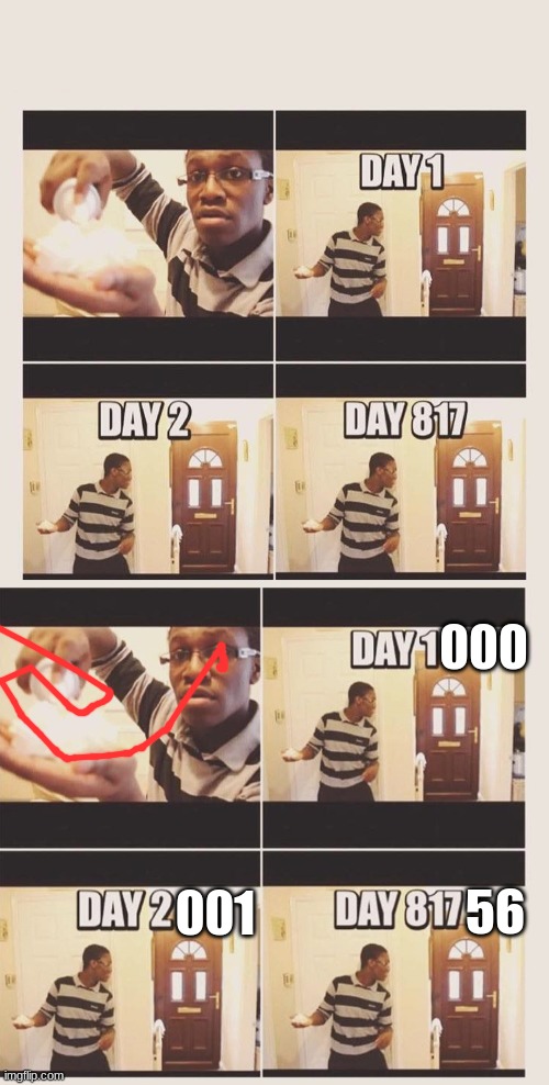 000; 56; 001 | image tagged in gonna prank x when he/she gets home | made w/ Imgflip meme maker