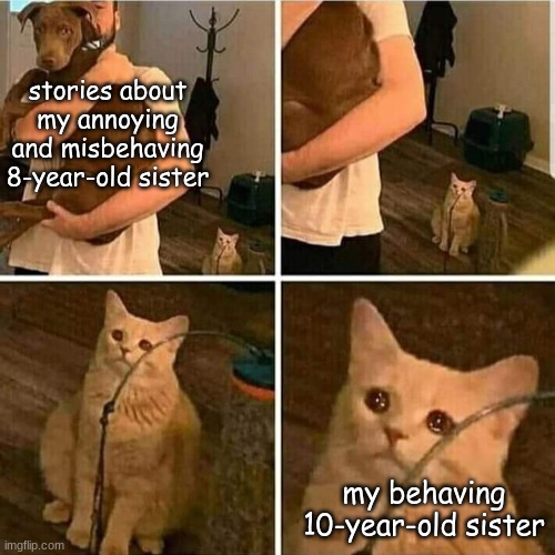 Well, like, sorry bro, there's nothing to say | stories about my annoying and misbehaving 8-year-old sister; my behaving 10-year-old sister | image tagged in sad cat holding dog | made w/ Imgflip meme maker