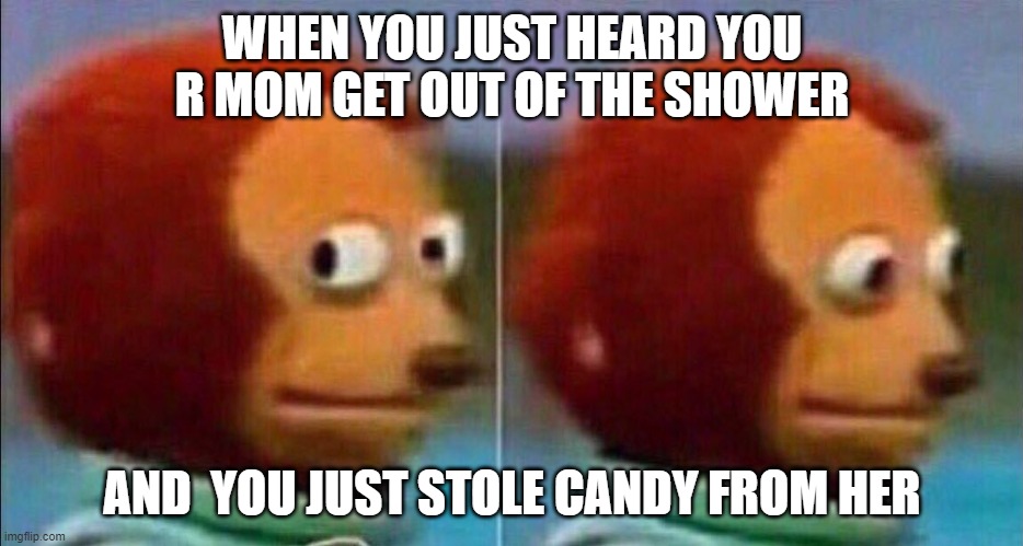 Monkey looking away | WHEN YOU JUST HEARD YOU R MOM GET OUT OF THE SHOWER; AND  YOU JUST STOLE CANDY FROM HER | image tagged in monkey looking away | made w/ Imgflip meme maker