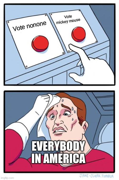 Two Buttons Meme | Vote mickey mouse; Vote nonone; EVERYBODY IN AMERICA | image tagged in memes,two buttons | made w/ Imgflip meme maker