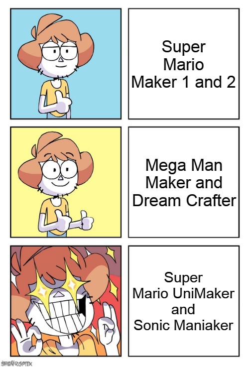 Me rating makers I have | Super Mario Maker 1 and 2; Mega Man Maker and Dream Crafter; Super Mario UniMaker and Sonic Maniaker | image tagged in ratings,super mario maker,unimaker,makers | made w/ Imgflip meme maker