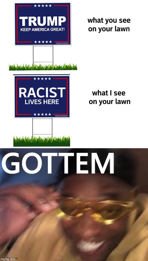 [#NotAllTrumpSupporters, but enough of them that this is hard to avoid] | image tagged in black guy golden glasses gottem with text,trump signs,election 2020,racist,trump supporters,racists | made w/ Imgflip meme maker