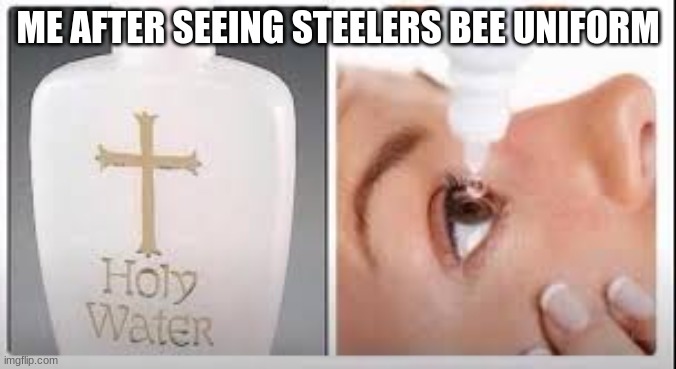 wtf steelers | ME AFTER SEEING STEELERS BEE UNIFORM | image tagged in holy water,pittsburgh steelers,uniform | made w/ Imgflip meme maker