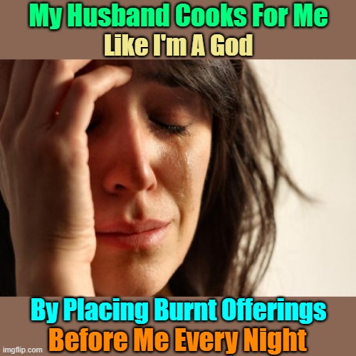 Burnt Dinners | My Husband Cooks For Me; Like I'm A God; By Placing Burnt Offerings; Before Me Every Night | image tagged in memes,first world problems | made w/ Imgflip meme maker