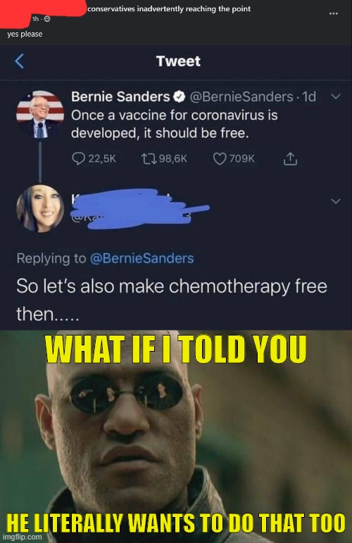 "conservatives inadvertently reaching the point" | WHAT IF I TOLD YOU; HE LITERALLY WANTS TO DO THAT TOO | image tagged in matrix morpheus,healthcare,health care,bernie sanders,repost,conservative logic | made w/ Imgflip meme maker