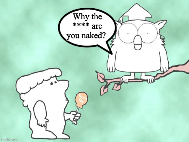 Is he supposed to be like a young Adam in the garden of Eden or something? This is something that always puzzled me. | Why the **** are you naked? | image tagged in the world may never know,naked,owl,lollipop,why | made w/ Imgflip meme maker